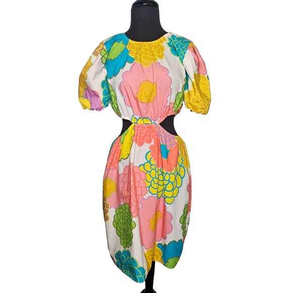 FLORA BEA NYC Wendi Mini Dress XL Cutouts Puff Sleeves Cotton Colorful Mod - Picture 1 of 8